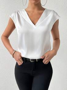 SHEIN Clasi 女士纯色 V 领衬衫，适合节日聚会服装、无袖上衣