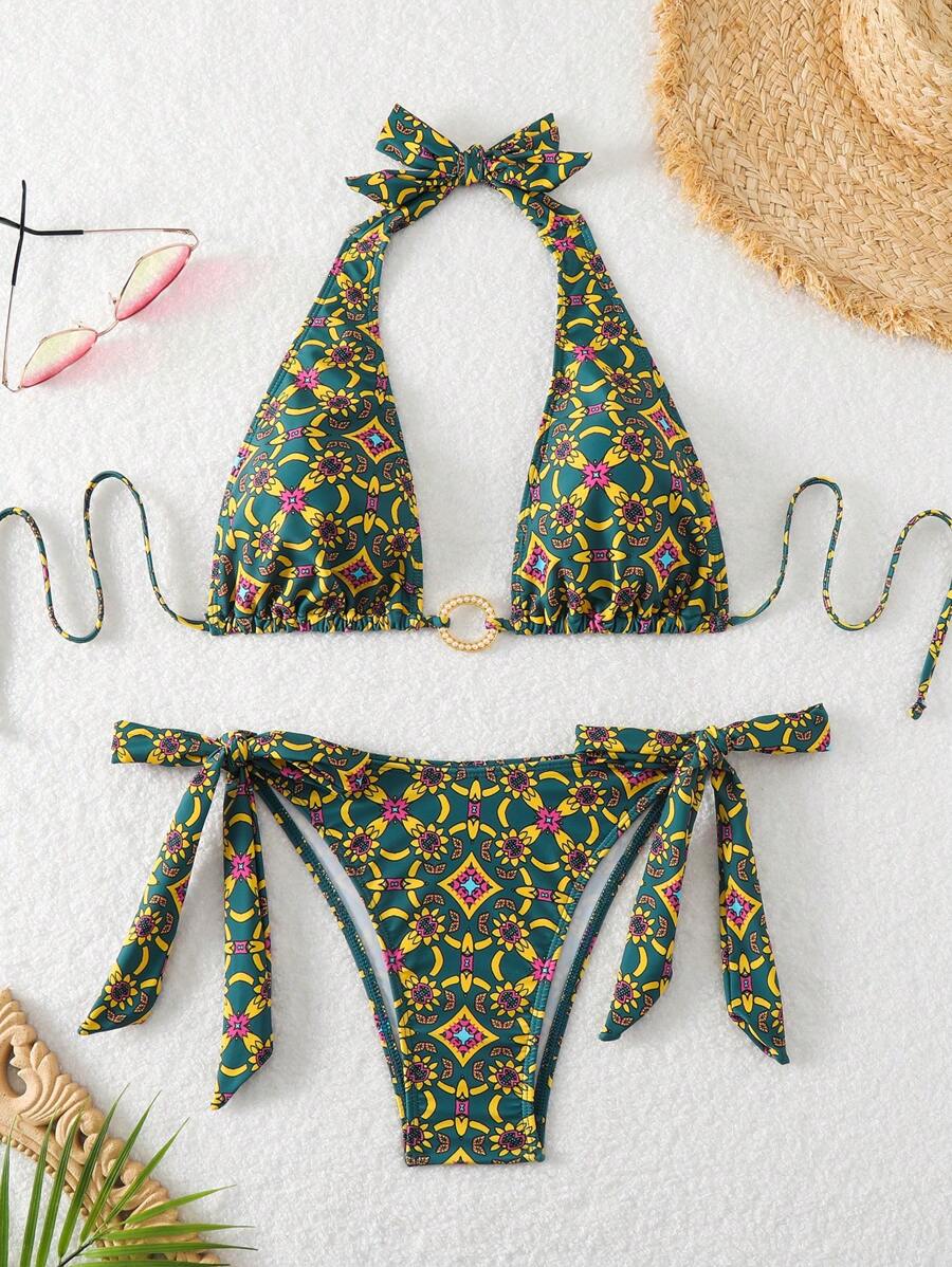 SHEIN Swim 夏季海滩女士全印花比基尼套装 - 彩色 - 查看 1