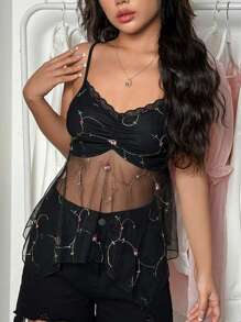 Lunelith SHEIN Lunessa Top Estilo Camisola De Malla Bordada Con Encaje Para Mujer