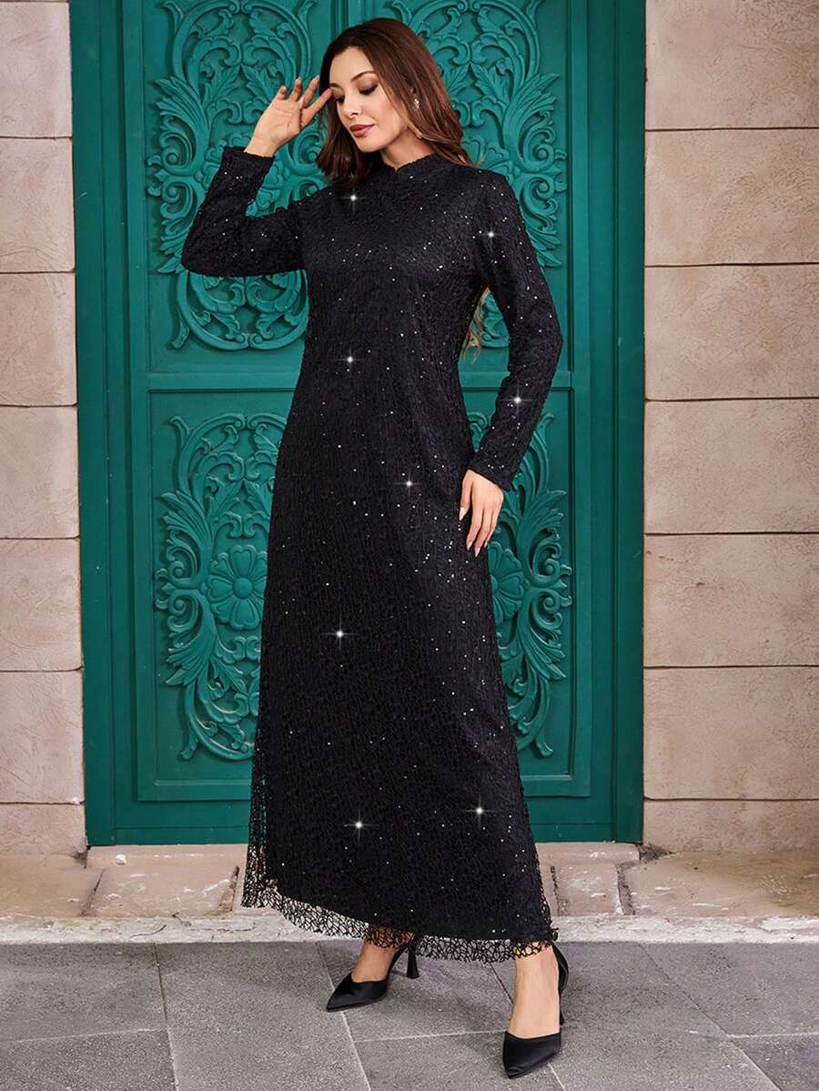 RueChic Langarmkleid Mit Stehkragen Und Glänzender Verzierung - Schwarz - Übersicht 1