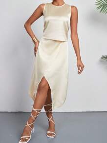 Chiquease 女款圓領背心開叉裙擺兩件套 - 香檳色 - 查看 5