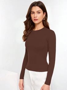 SHEIN Essnce تي شيرت ملائم بشكل بلون موحد - قهوة بني - مشاهدة 4
