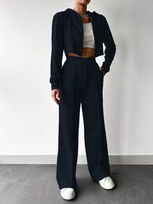 EURMUSE Ladies' Drawstring Crop Top And Sweatpants Set - Navy Blue - View 5