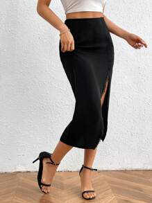 SHEIN Privé Falda De Encaje Con Abertura En La Pierna Alta Para Mujer - Negro - Ver 6