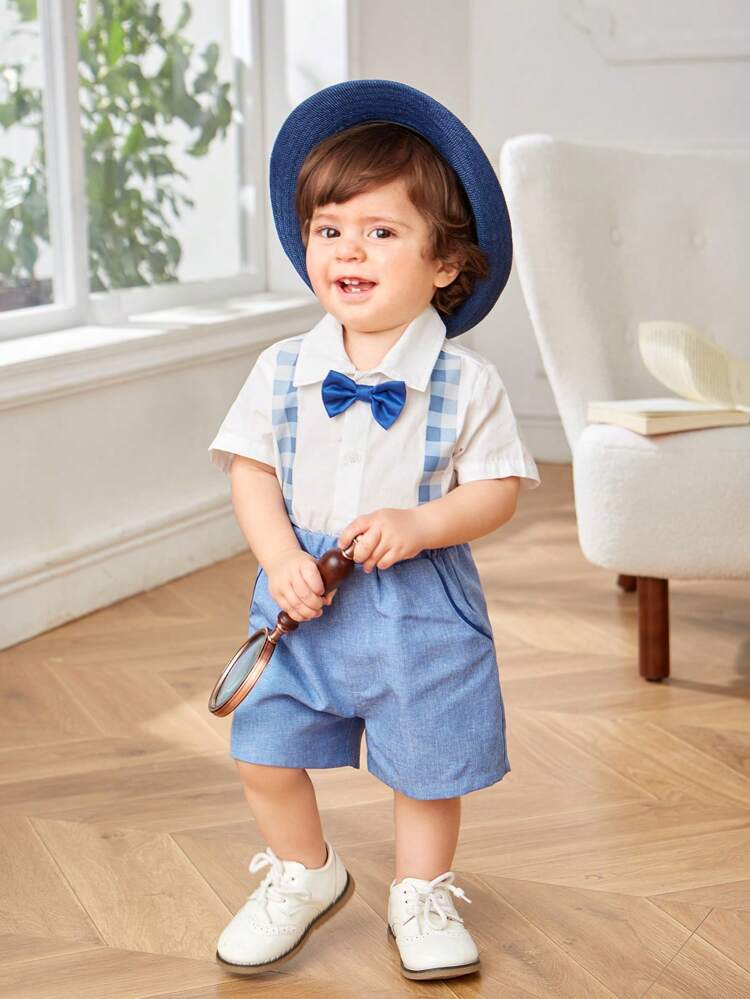 Baby Boy's Casual Gentleman Style Plaid Color Block Bowtie Short Sleeve Shirt With Elastic Waist Shorts Set