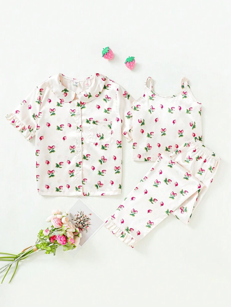 Tween Girls' Cute Floral Pattern Pajama Set With Ruffled Hem - 3 Piece
