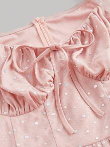 SHEIN MOD Kích thước lớn Của phụ nữ Màu hồng Kim sa Lưới Retro Xếp li Đầm - Hồng - Xem 3