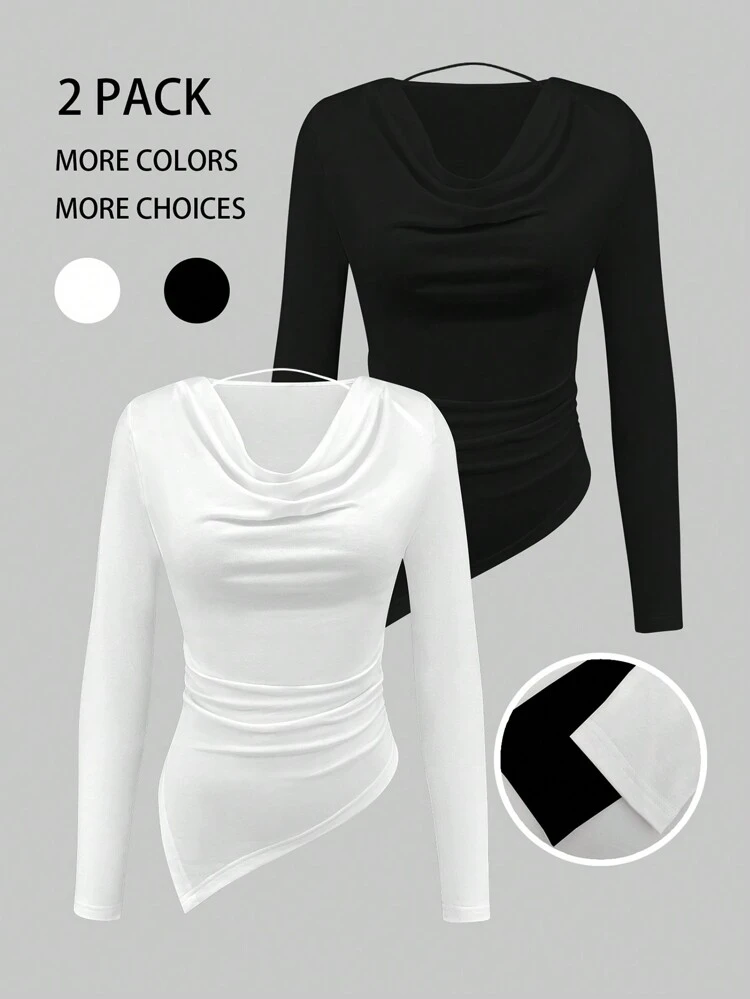 Women's Casual Solid Color Draped Asymmetrical Hem Halter Draped Collar T-Shirt