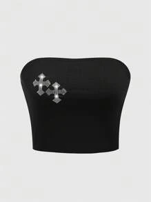 ROMWE Goth Của phụ nữ Gợi cảm Màu thuần Hoa văn chữ thập Pha lê Nghệ Embellished Áo không dây - màu đen - Xem 1