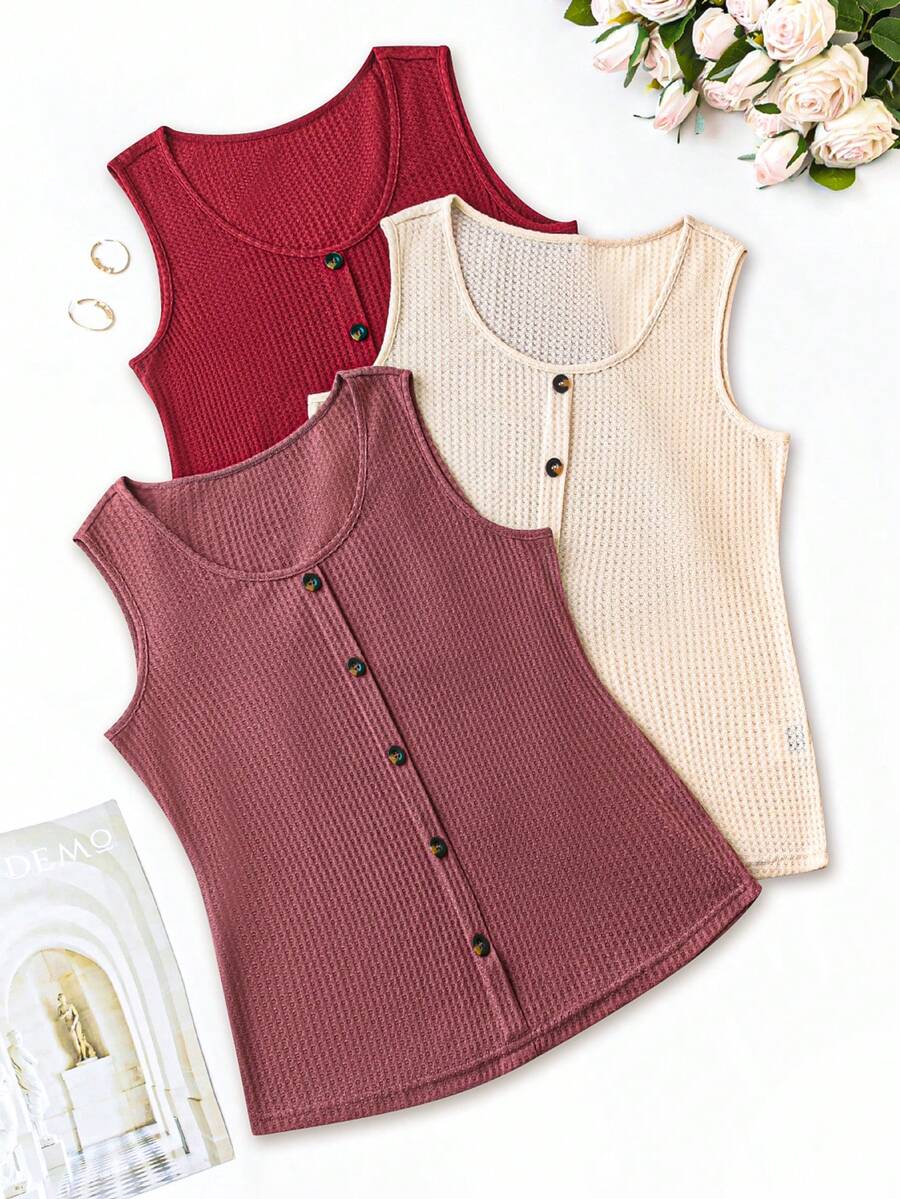 SHEIN LUNE 大尺碼多色背心和吊帶上衣套裝，U領，鈕扣裝飾，舒適透氣面料，多用途背心款式 - 彩色 - 查看 1