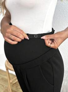 SHEIN Maternity Casual Solid Color Adjustable High Waist Cropped Pants - Black - View 3