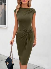 Ellevyn Women's Solid Color Twist Slim Fit Summer Bodycon Dress - Army Green - View 5