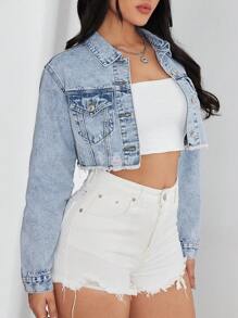 SHEIN PETITE Women's Long Sleeve Single-Breasted Frayed Hem Casual Denim Jacket - Light Wash - View 4