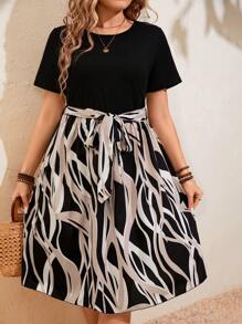 SHEIN LUNE Vestido De Manga Corta Impreso Para Mujer En Talla Grande - Negro - Ver 1