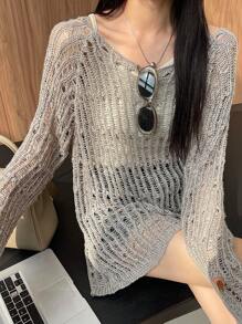 DAZY Solid Color Loose Fit Hollow Out Wide Round Neck Sweater For Women Off Shoulder Sweater,Long Sleeve Tops Summer Sheer Fall - Light Grey - View 8