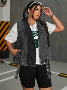 SHEIN ICON Kích thước lớn Của phụ nữ Không tay Áo khoác denim Với Đường chéo Dây kéo Thiết kế - Xám - Xem 3