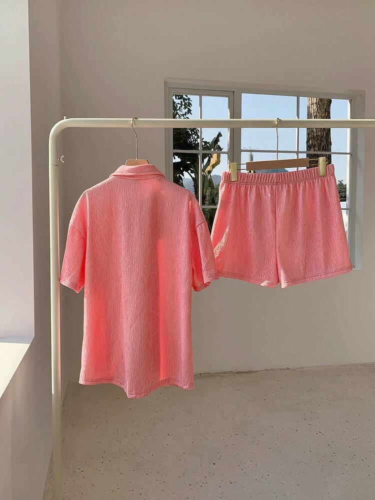 Solid Color Drop Shoulder Blouse And Shorts Set