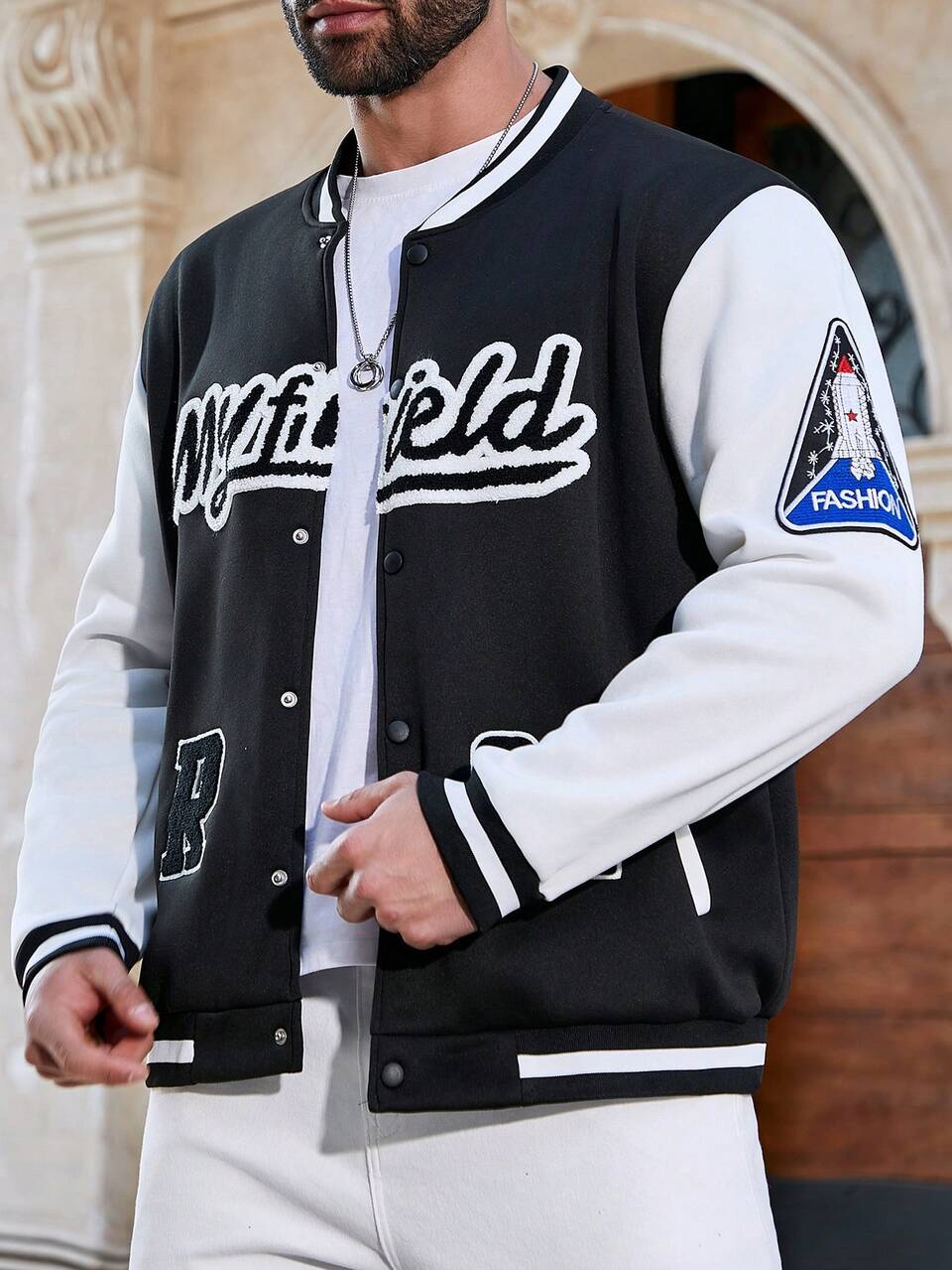 Men's Plus Size Letter Print Baseball Jacket With Contrast Side & Pocket Detail