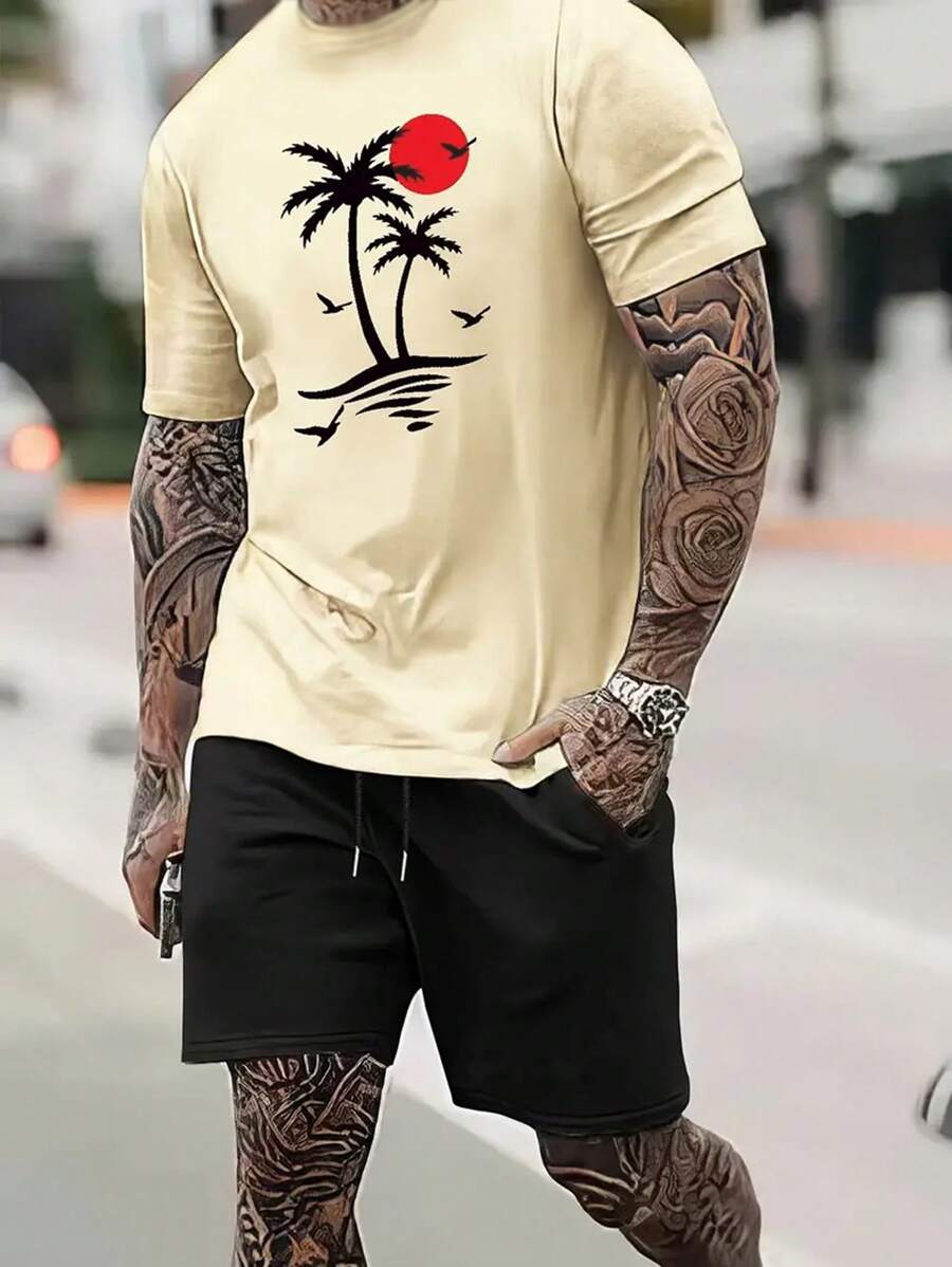 Manfinity Dauomo Conjunto De Camiseta De Manga Corta Y Estampado De Árbol De Coco Para Hombre - Multicolor - Ver 1