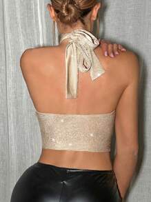 SHEIN ICON Glitter Y2k Party Crop Top With Back Knot And Halter Neck Strap