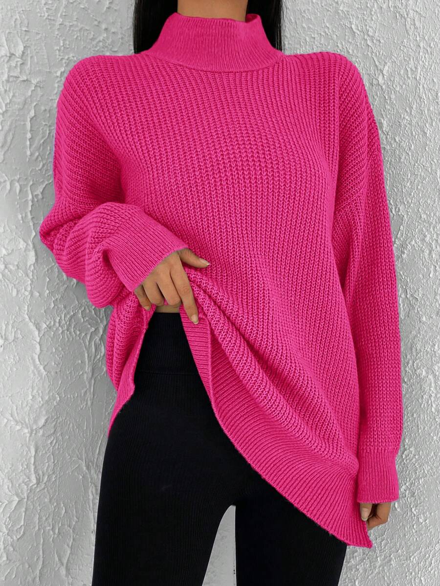 Cloudara Jersey de cuello alto de hombros caídos - Rosa Fucsia - Ver 1