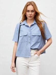 BizChic Women's Solid Color Flip Pocket Shirt - Blue - View 9