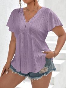 SHEIN Frenchy 大尺碼女蕾絲拼接荷葉邊短袖 T 卹 - 紫色 - 查看 5