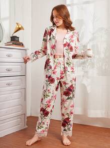 少女花卉印花蕾絲修飾長褲套裝,背心和襯衫3入組家居服套裝 - 彩色 - 查看 1