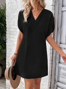 SHEIN LUNE Vestido De Color Sólido Con Mangas Amplias - Negro - Ver 4