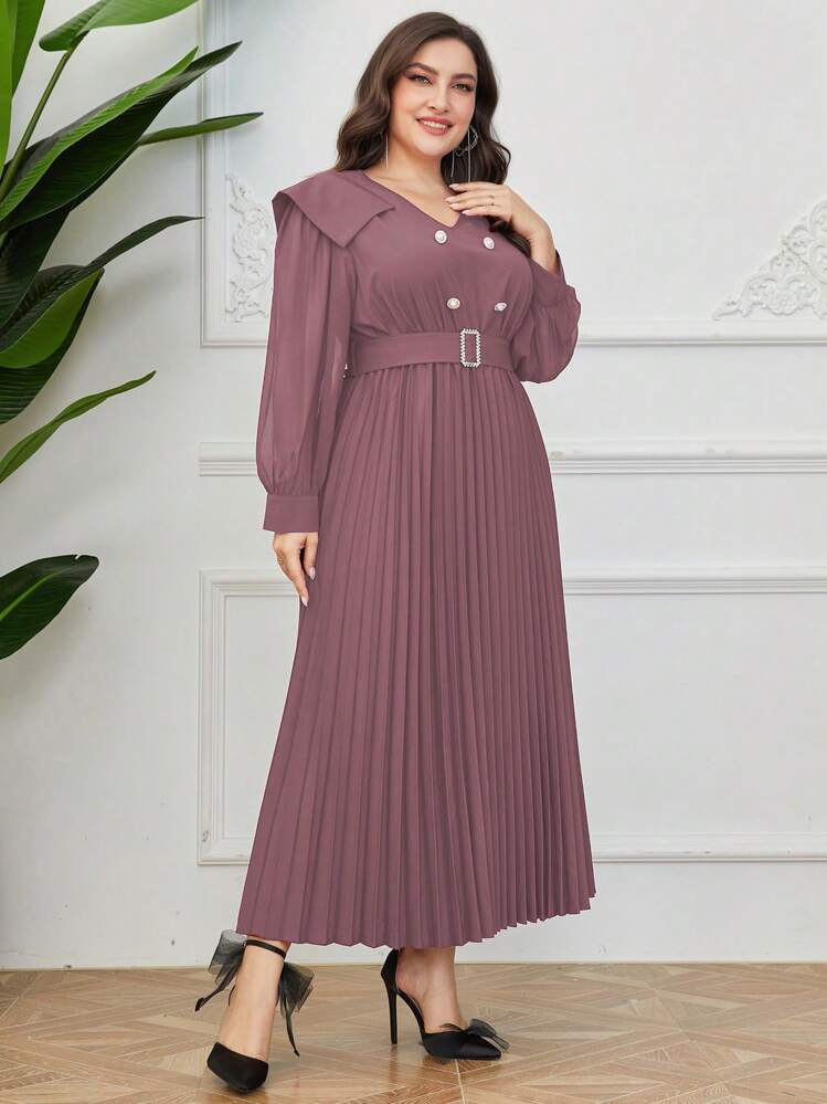 Modelyn Plus Size V-Neck Double-Breasted Decor Pleated Hem Belted Dress - Pink - View 3