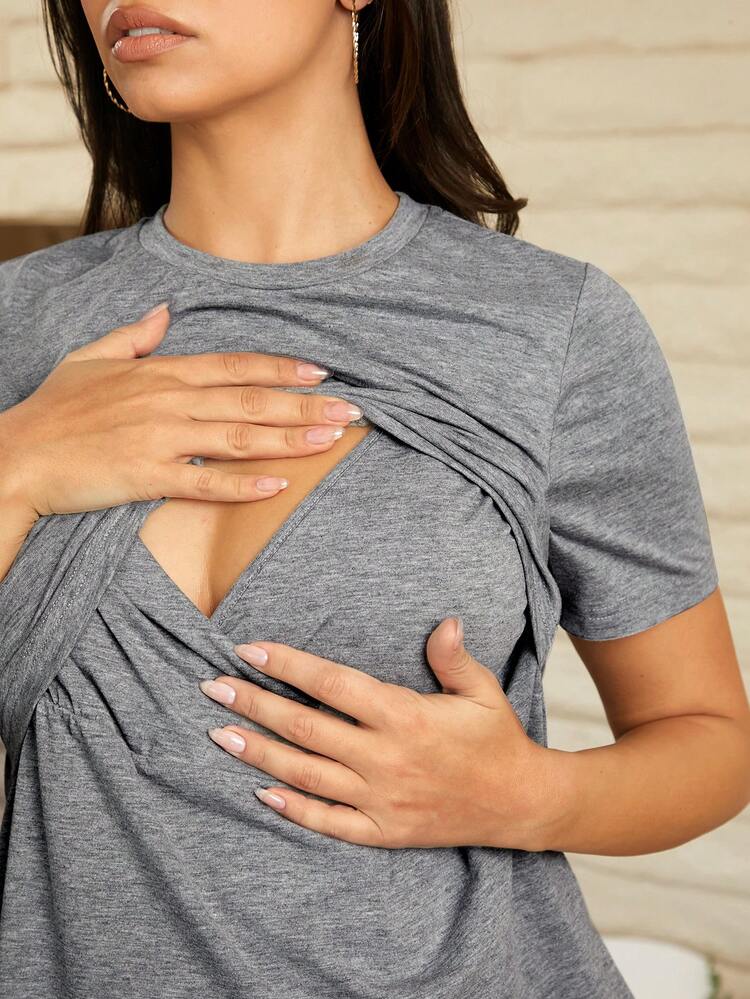 SHEIN Maternity Casual Round Neck Nursing T-Shirt - Multicolor - View 5