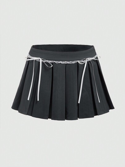 Kawaii Falda corta plisada con dobladillo de encaje, decoración de cinta y lazo, estilo ballet, para escuela, para mujer