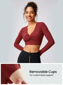 GLOWMODE FeatherFit™ Knotted Crop Long Sleeve Tee With Thumbhole Light Support - Maroon - View 3