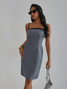 GENKIRA Women's Contrast Color Lace Decorated Spaghetti Strap Dress - Grey - View 3