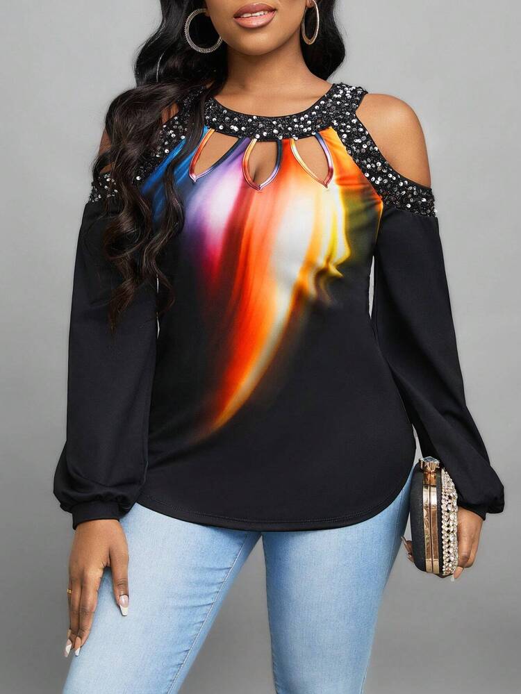 Glitter Decor Cut-out Shoulder Lantern Sleeve T-shirt