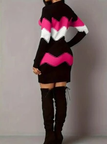 INAWLY 大尺碼女士修身條紋長袖連衣裙 - 彩色 - 查看 2