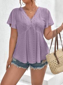 SHEIN Frenchy 大尺碼女蕾絲拼接荷葉邊短袖 T 卹 - 紫色 - 查看 1