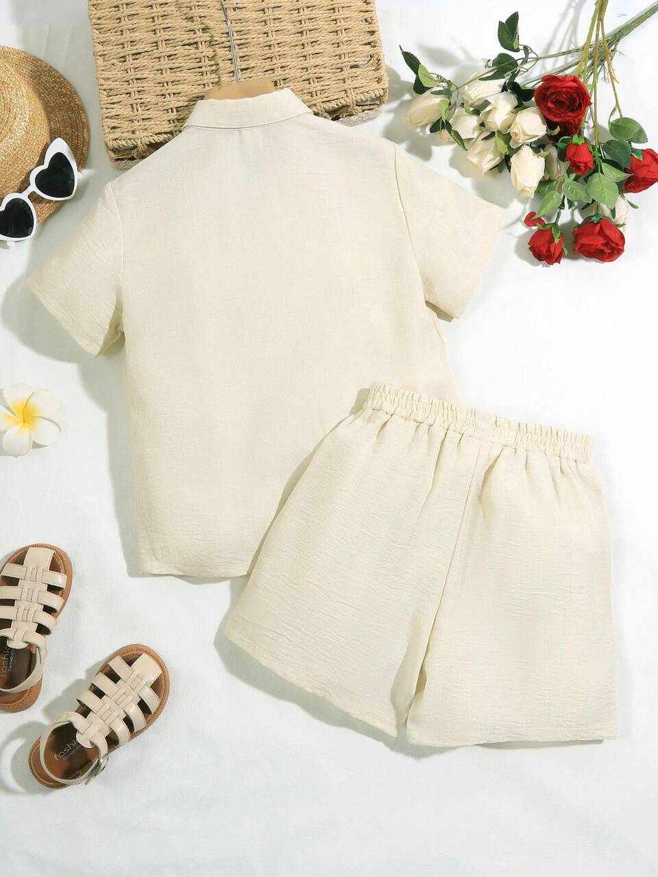 Solid Color Short Sleeve Shirt And Shorts Set For Tween Girls