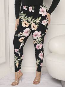 SHEIN Essnce Plus Size3pcs Back Gathered  Allover Print High Waist Leggings - Multicolor - View 5