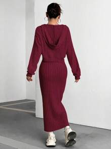 SHEIN Unity Solid Color Long Sleeve Hoodie And Sleeveless Dress Set - Burgundy - View 2