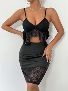 Zolique Ladies' Lace Trimmed Camisole Top & High Waist Skirt Set - Black - View 1