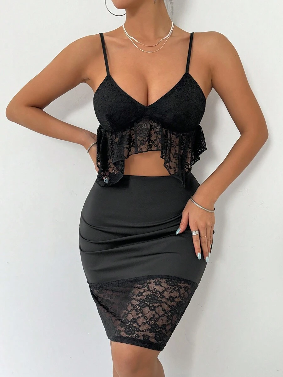 Zolique Ladies' Lace Trimmed Camisole Top & High Waist Skirt Set - Black - View 1