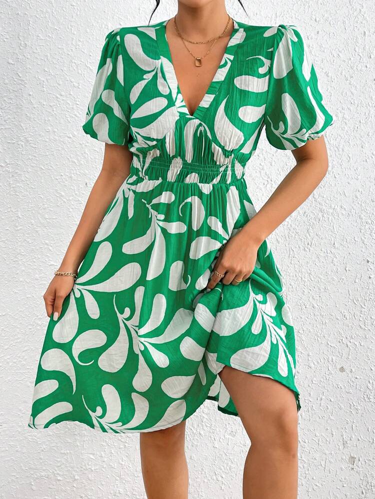 V-Neck Puff Short Sleeve Dress