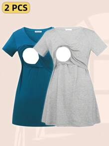 Maternity Nursing Tops 2pcs/Set Short Sleeve Summer Breastfeeding Clothes - Multicolor - View 1