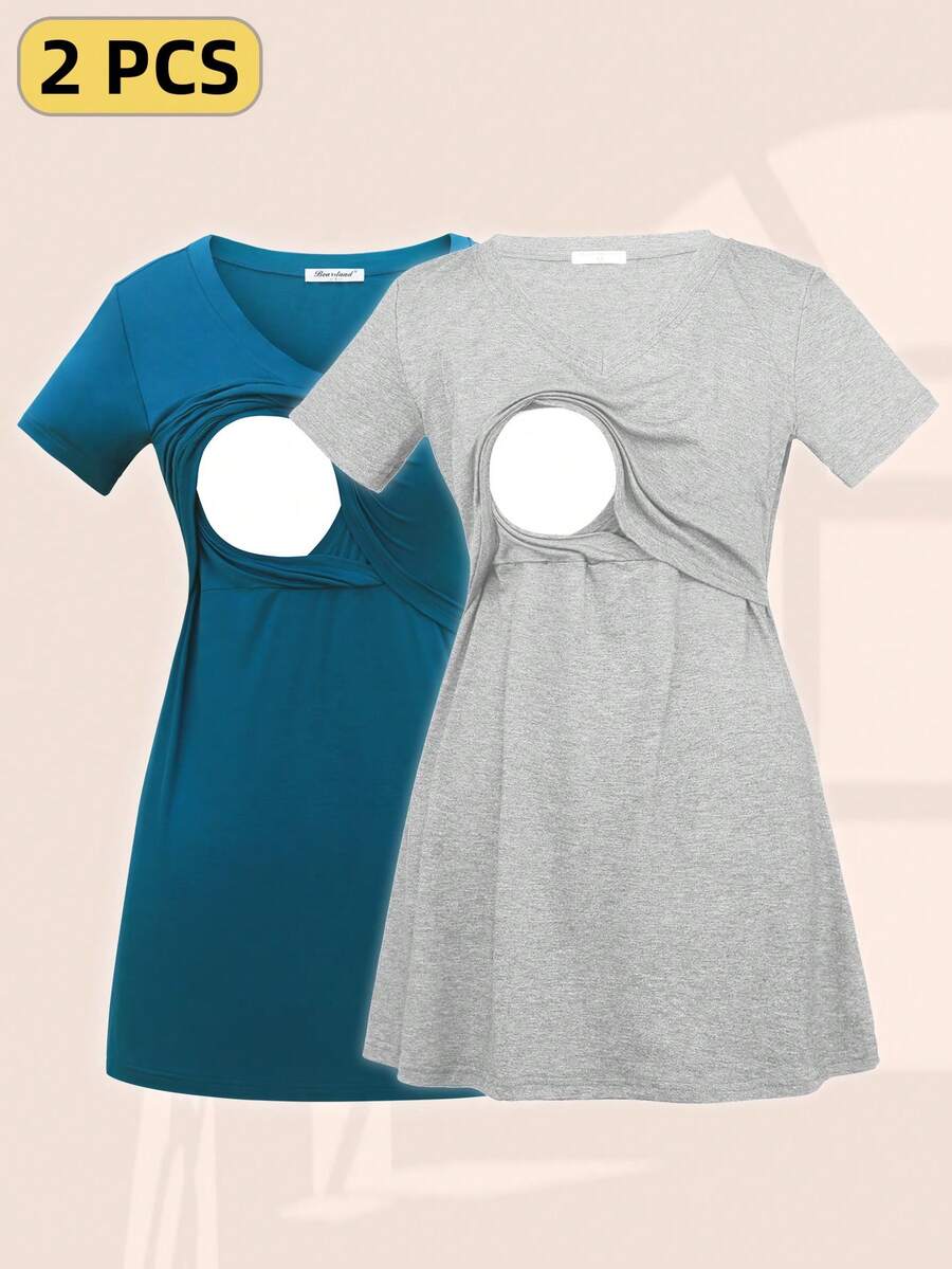 Maternity Nursing Tops 2pcs/Set Short Sleeve Summer Breastfeeding Clothes - Multicolor - View 1