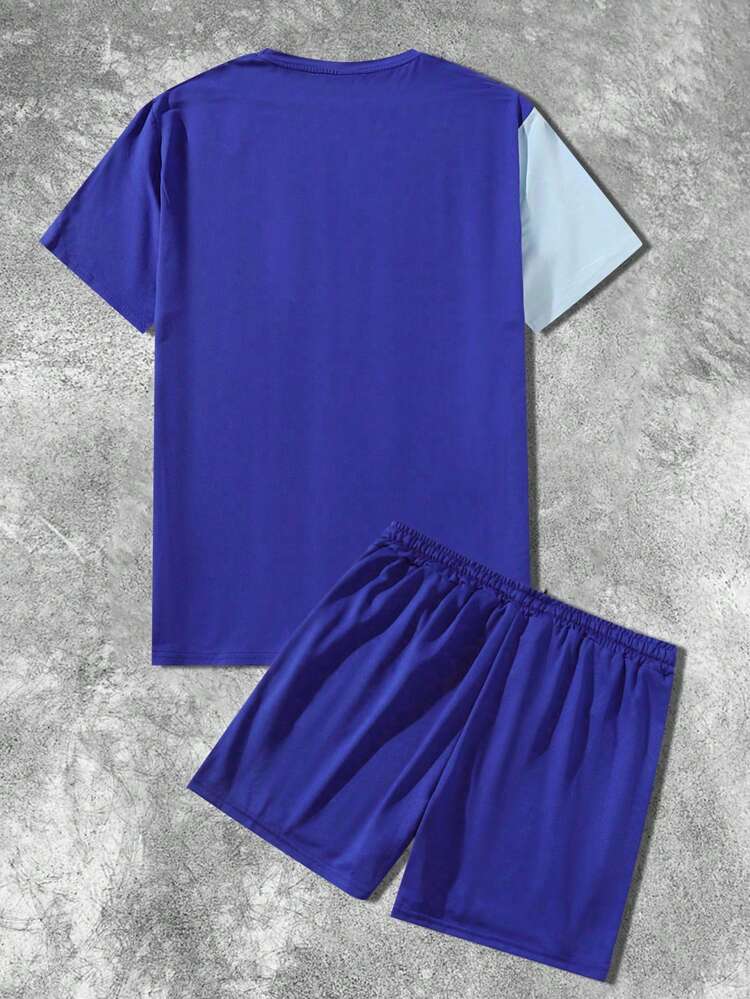 Men's Plus Size Color Block Letter Print T-Shirt And Shorts Set
