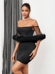 Allurite Robe Épaules Dénudées Pour Femmes Avec Panneau Transparent Et Détails De Pliage, Coupe Slim