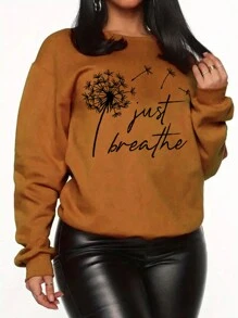 SHEIN EZwear 女款蒲公英字母印花抓絨運動衫 - 藍色 - 查看 1