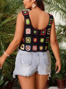 SHEIN SunnyBelle Plus Size Floral Crochet Knitting Top - Black - View 2