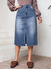 SHEIN LUNE Denim Giải trí Váy Với Mặt trước Khe - Màu xanh lam - Xem 5